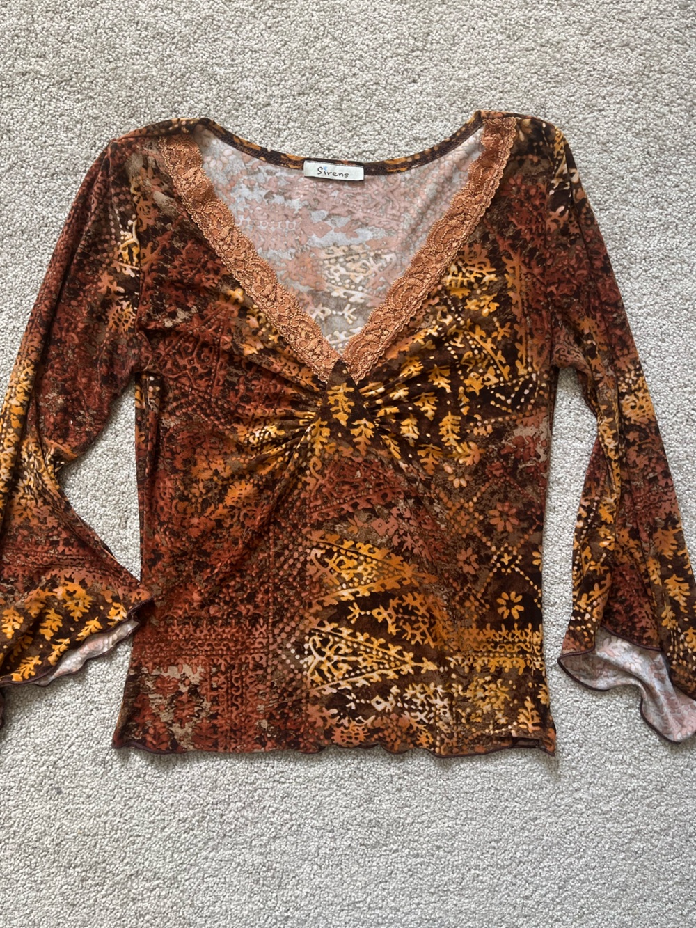 Saivana Brown and Mustard Vintage Lace-Trimmed Long Sleeve Top